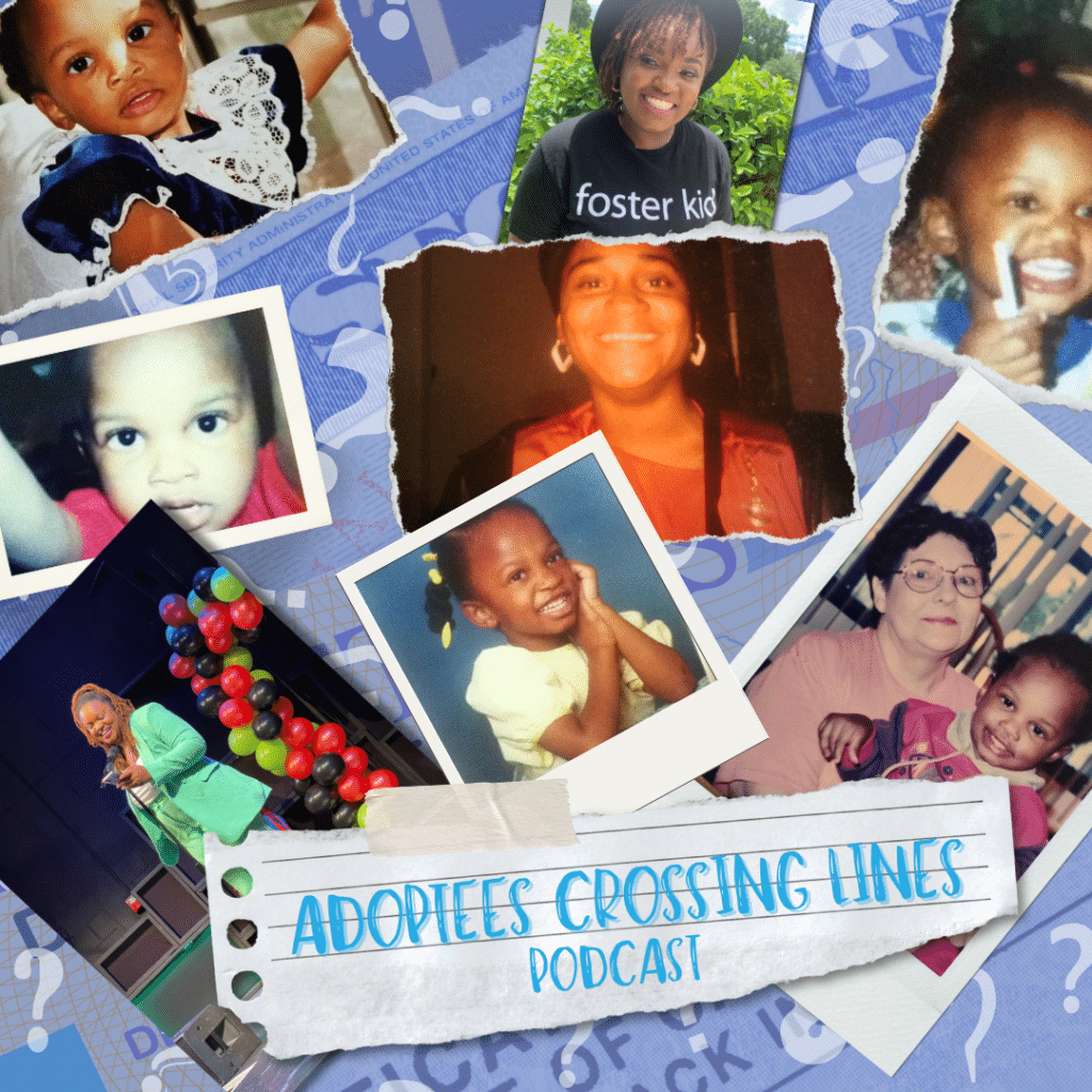 Adoptees Crossing Lines podcast logo features photos of the host as a child and an adult. 