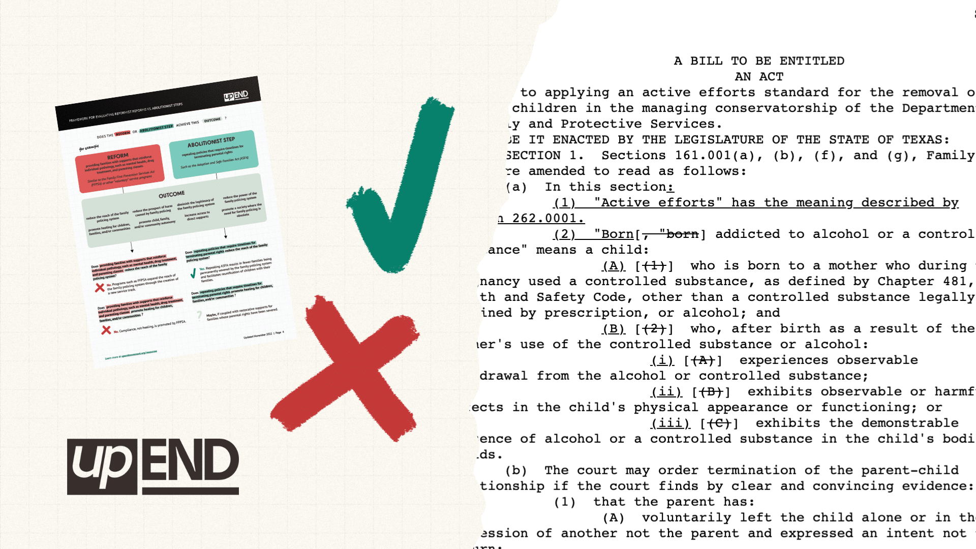 A screenshot of the proposed Texas bill sits beside imagery from upEND's framework tool PDF.