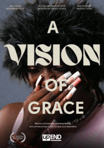 The Vision of Grace film poster features one of its subjects smiling and covering her mouth. She is wearing a black fur hat and has long nails.