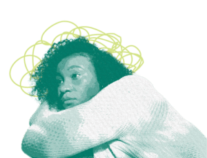 A young mom with curly hair looks sad and has a cloud over her head.