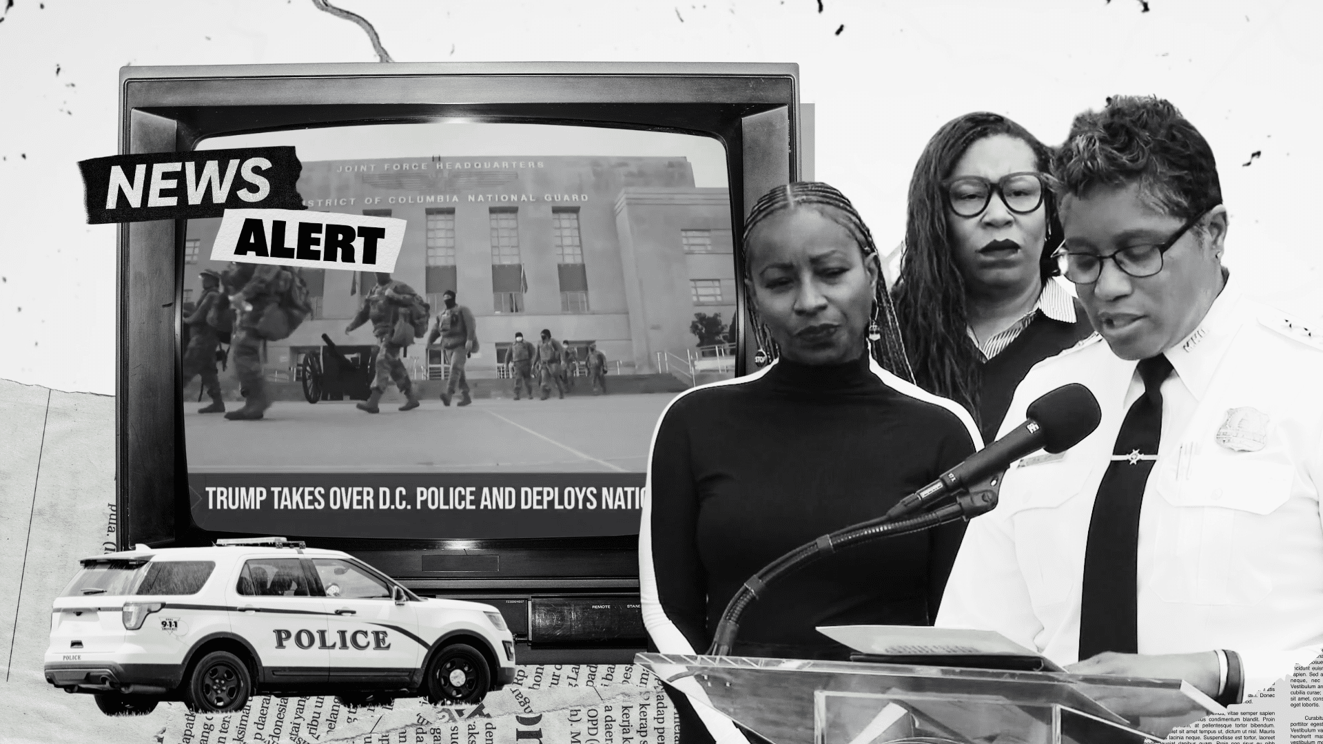 This collage features a news broadcast that reads “Trump Takes Over D.C. Police and Deploys National Guard"