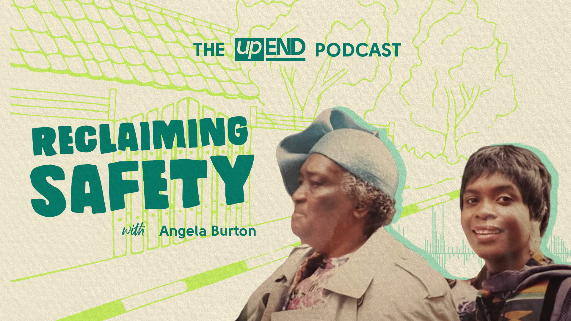 The thumbnail for this episode says “Reclaiming Safety with Angela Burton” and features an image of a young Angela in a graduation gown with her hand on her grandmother’s shoulders. Her grandmother is wearing a dressy blue hat and has curly grey hair.