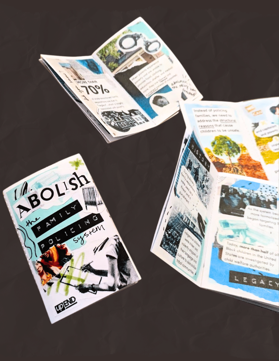 The upEND Zine cover is shown next to printed copies of the booklet with the pages open.