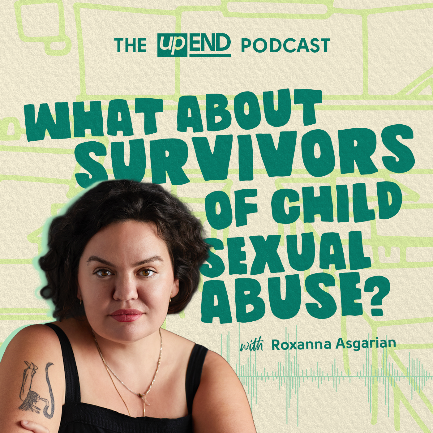 Alt text: Thumbnail for the episode “What About Survivors of Child Sexual Abuse?” features Roxanna Asgarian with curly hair and a black shirt.
