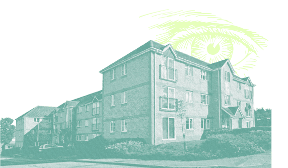 Apartment complex featuring an illustration of a lime green eye hovering over it. 