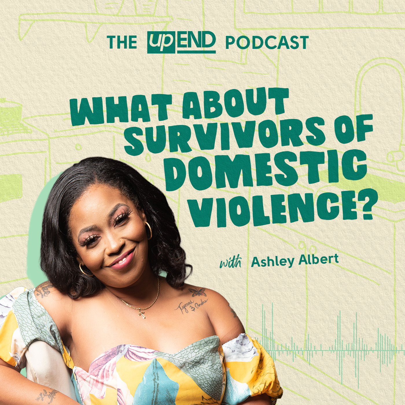 “What About Survivors of Domestic Violence?” Podcast Thumbnail with Ashley Albert shows the guest with a colorful, off-the-shoulder top.