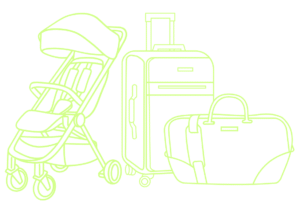 Illustration of a stroller and two suitcases.